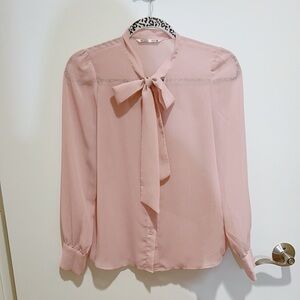 Maya Pink Tie Front Blouse with Peter Pan Collar